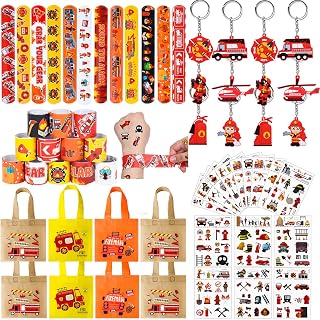 Lorfancy 48 Pcs Firefighter Party Favors Fire Truck Toy Kids Firefighter Slap Bracelets Gift Bags Stickers Keychains Accessories Toddler Fireman Birthday Party Supplies for 3 4 5 6 7 8
