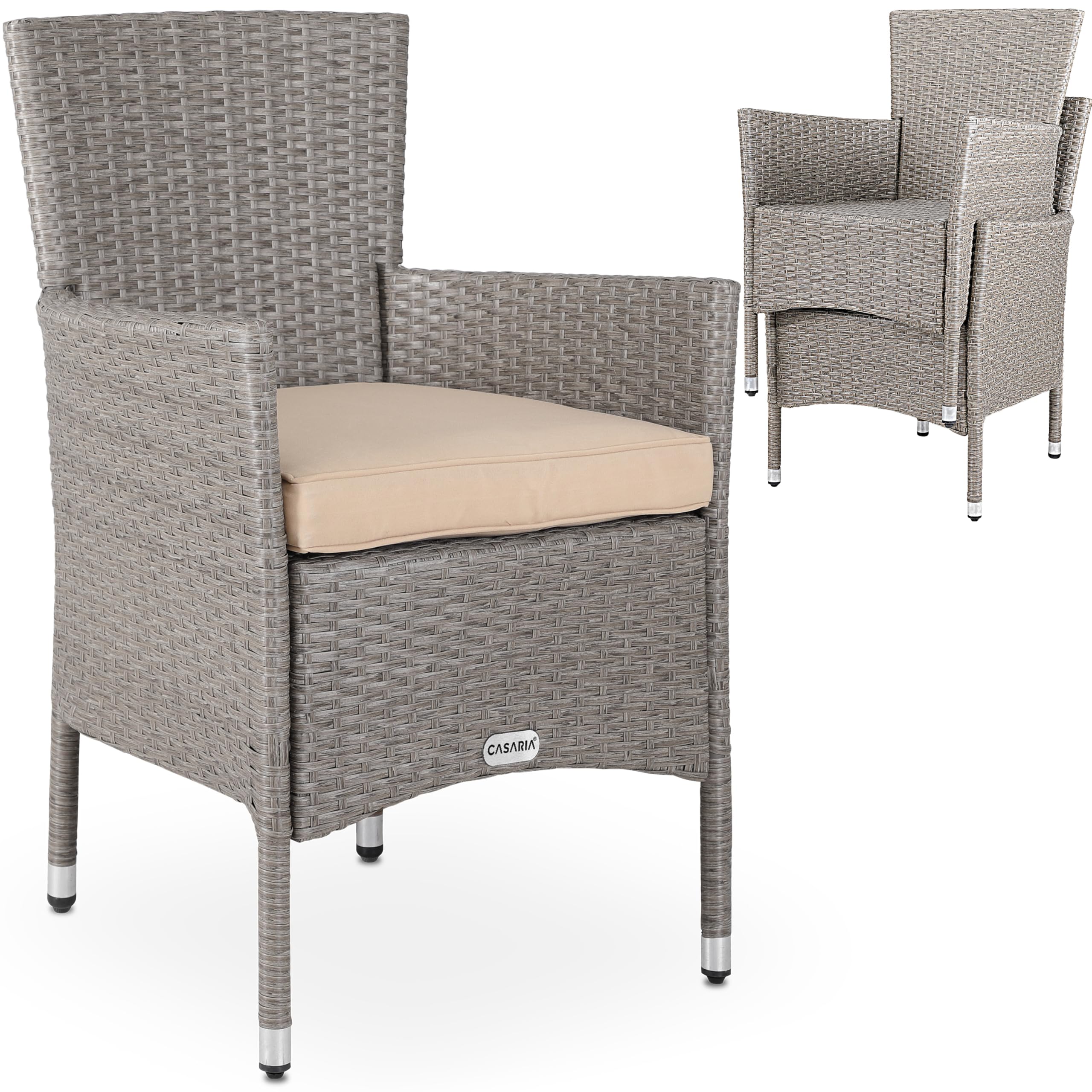 Casaria® 2er Set Poly Rattan Gartenstuhl mit Auflage Stapelbar Wetterfest 160 kg Belastbar Stapelstuhl Garten - Beige Grau