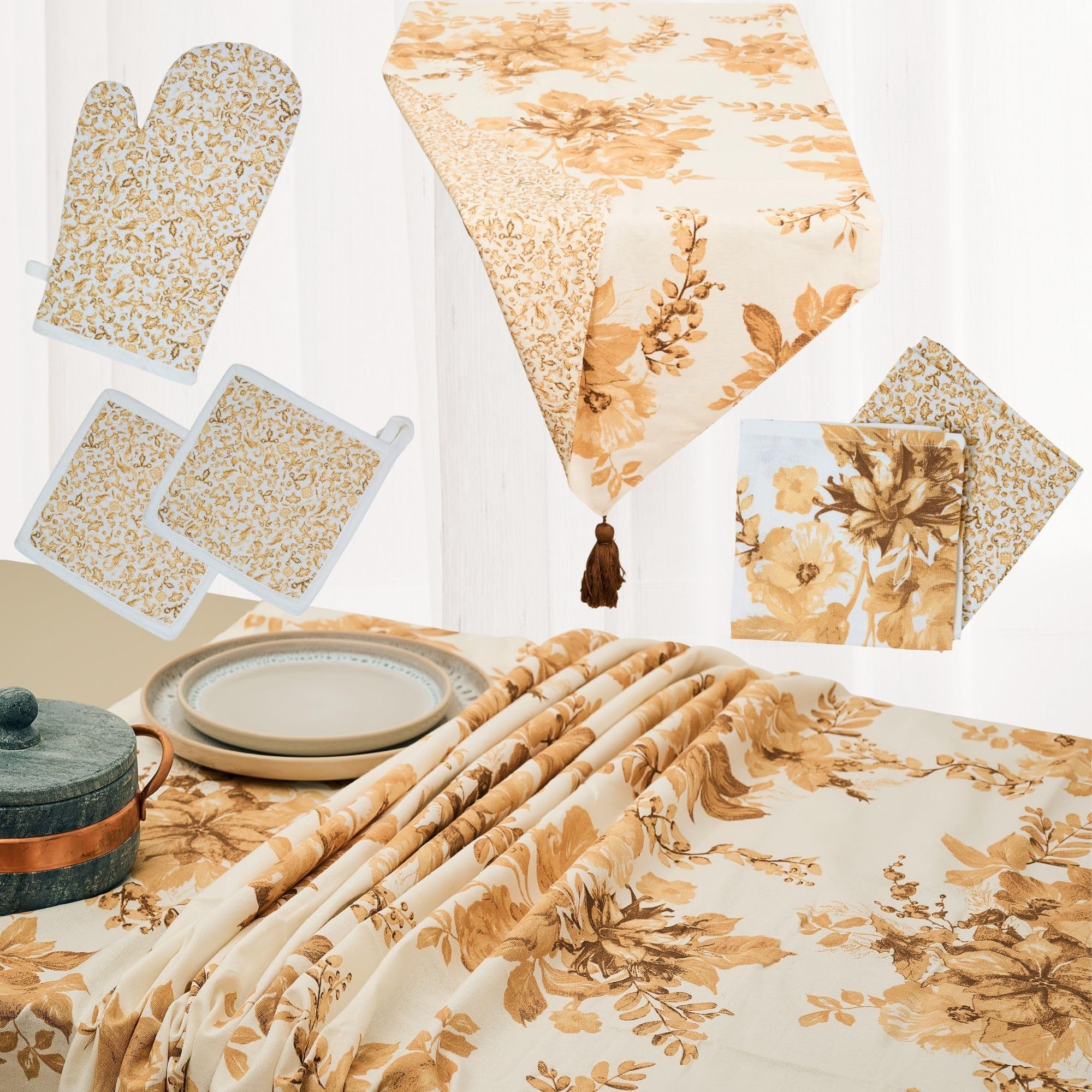 NAMAI - Set 7 Pezzi Excalibur Fiori, 100% Cotone, Lavabili in Lavatrice, Resistenti al Calore, Tovaglia Cotone 140x180, Runner Tavolo, Set Presine da Cucina e Strofinacci (Set Con Tovaglia 140x240)