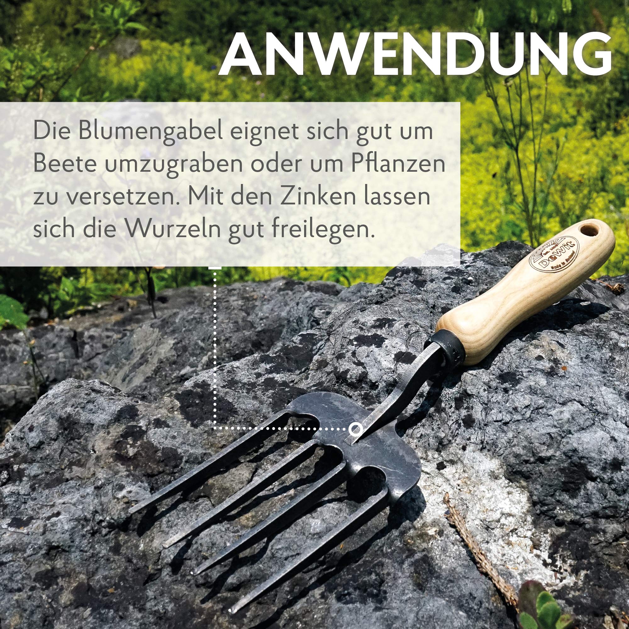 DeWit Blumengabel 'Twisted Hand-Fork Welldone' 30 cm I Profi Grabegabel aus Borstahl mit FSC®-zertifiziertem Handgriff aus Esche I Premium Gartengabel I Handgrabeforke I Garden Tools – Made in Holland