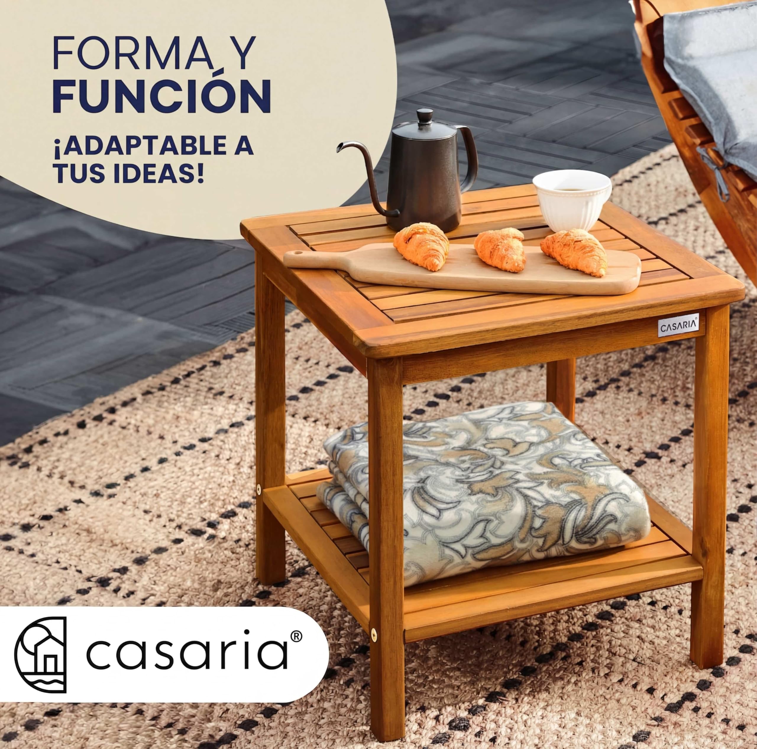 Casaria® Mesa Auxiliar Madera Acacia 2 Estantes Mesita Jardín 45x45x45cm Resistente Intemperie Capacidad Carga hasta 80 Kg Mueble Exterior Interior Terraza Balcón