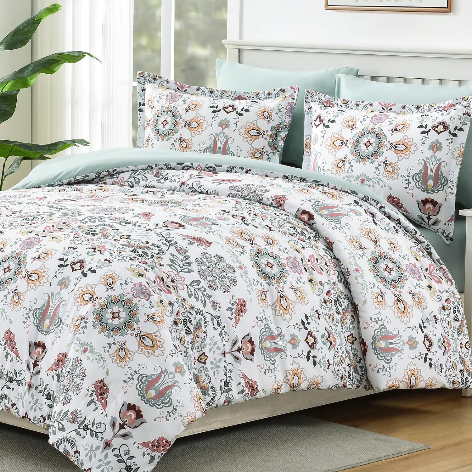 Boho Comforter Set King - 7 Pieces Bed in a Bag Floral Design, Bohemian Comforter Set with Sheets, Soft Microfiber Complete Bedding Sets All Season (Light Green, King) - Image 2