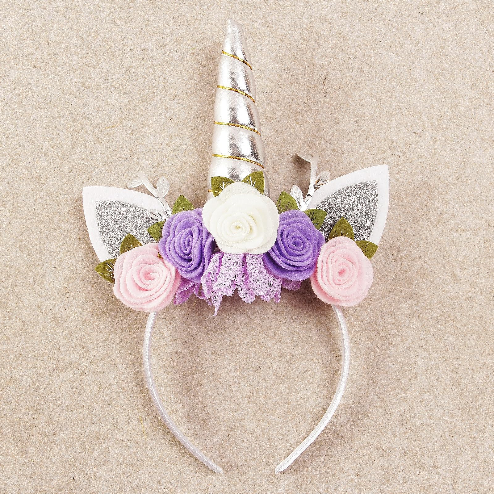 Nishine Unicorn Headband Nonwoven Flowers Cat Ears Pony Head Bands Tiara Glitter Horn for Cosplay Unicorn Party Supplies (Silver,ivory) - Image 2