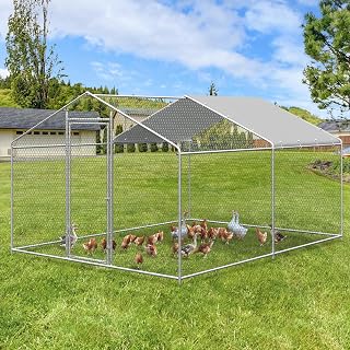 Large Metal Chicken Coop, Walk-in Chicken Run Pen with Waterproof Cover, Spire Roof Poultry Cage for Outdoor, Backyard, Farm(9.7'Wx12.99'Lx6.4'H)