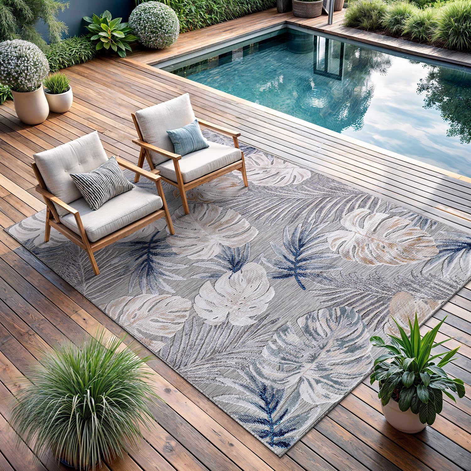 CAMILSON Indoor Outdoor Rug, Blue 5x7 Leaf Tropical Botanical Area Rugs for Indoor and Outdoor patios, Easy-Cleaning Non-Shedding Living Room, Garden and Kitchen Washable Outside Carpet (5 x 7)