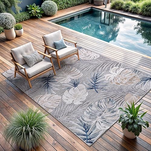 Miniatura 7 de CAMILSON Alfombra para Interiores y Exteriores, Alfombras de Área Azules 5x7 con Hojas Tropicales Botánicas para Patios Interiores y Exteriores,
