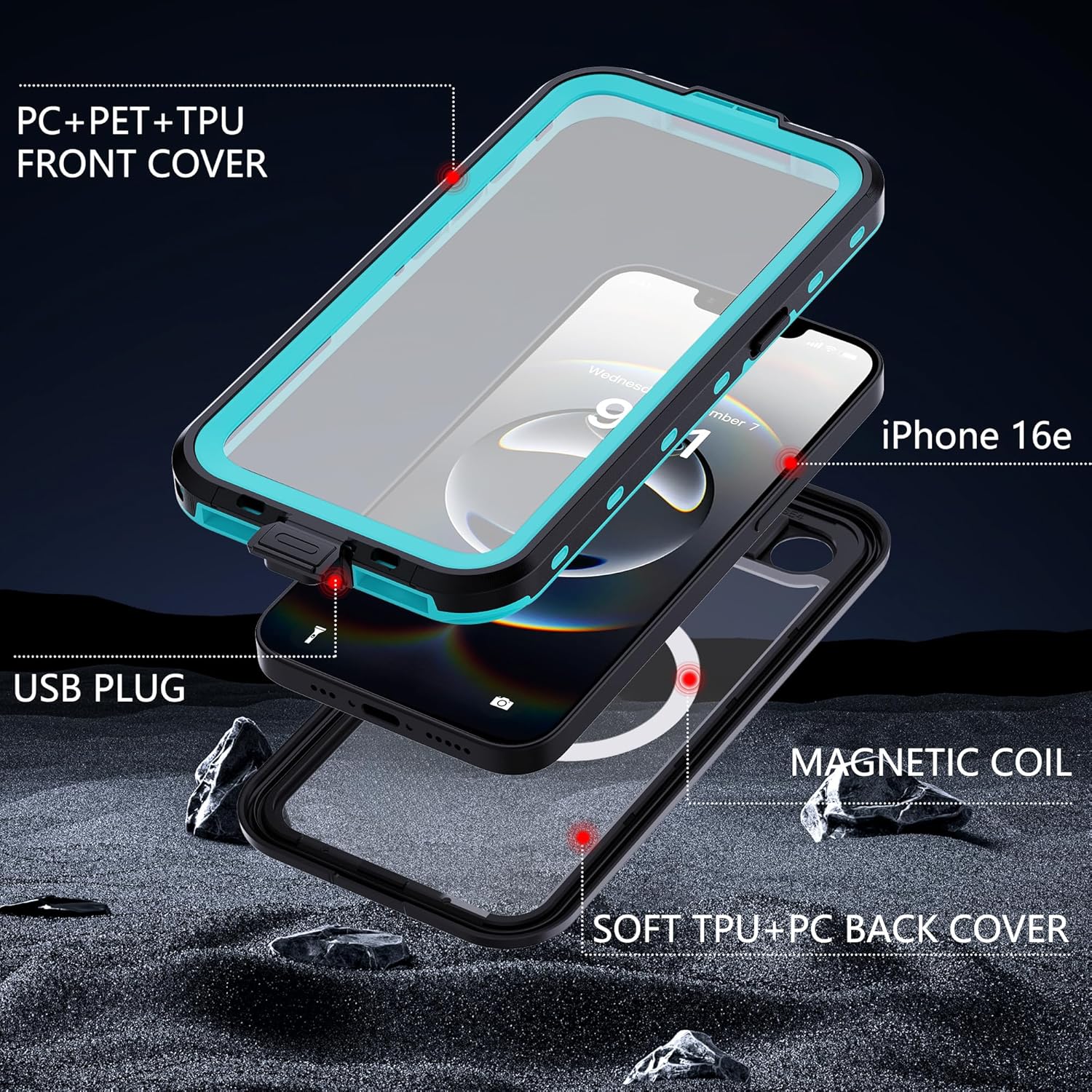 GOLDJU for iPhone 16e Case Waterproof, with IP68 Underwater & Magnetic, Built-in Screen Protector, Full-Body Protective Phone Case for iPhone 16e 2025, Blue/Clear