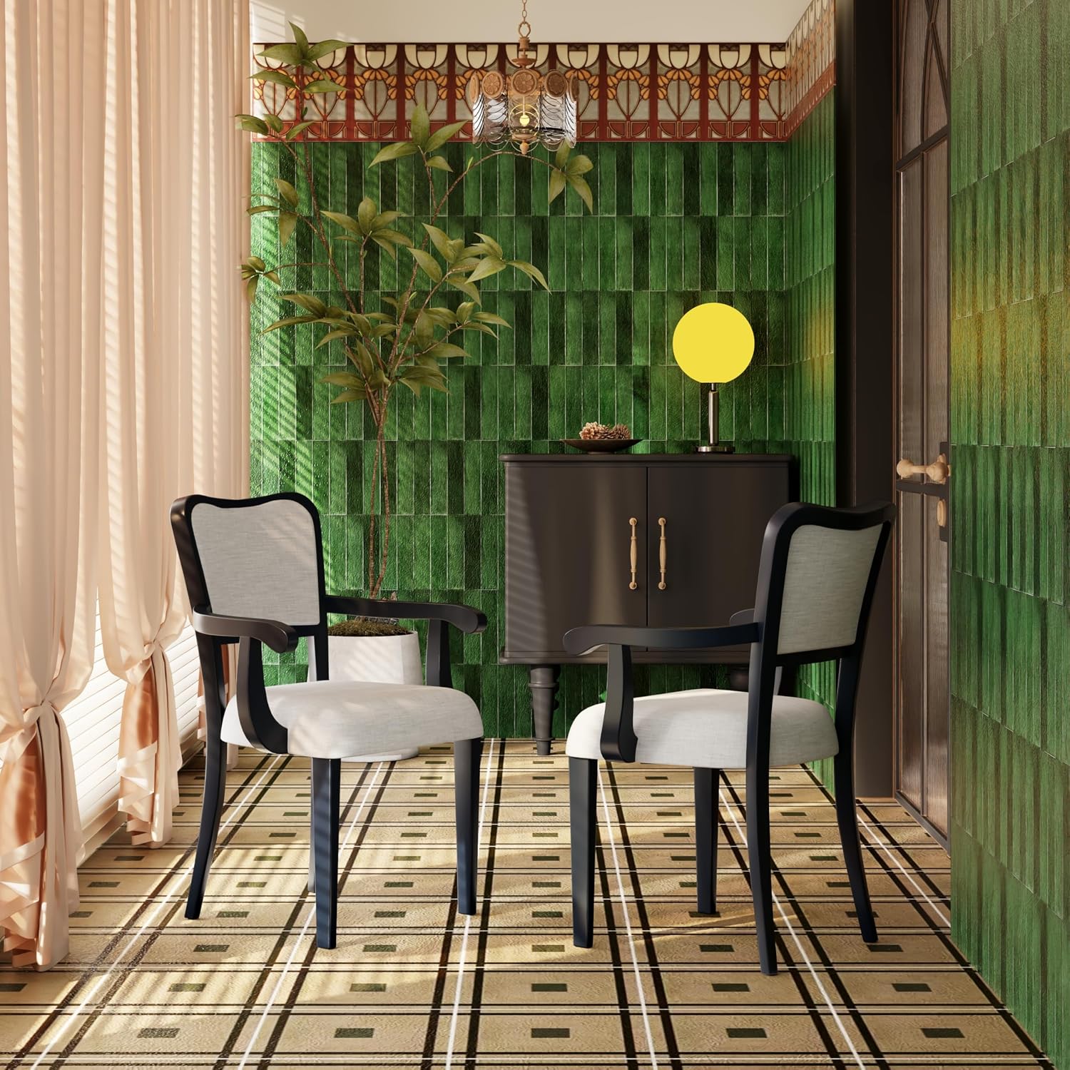 Black Wood Arm Chair - Light Gray Upholstered Seat & Back, 35" Height, for Dining & Living Room