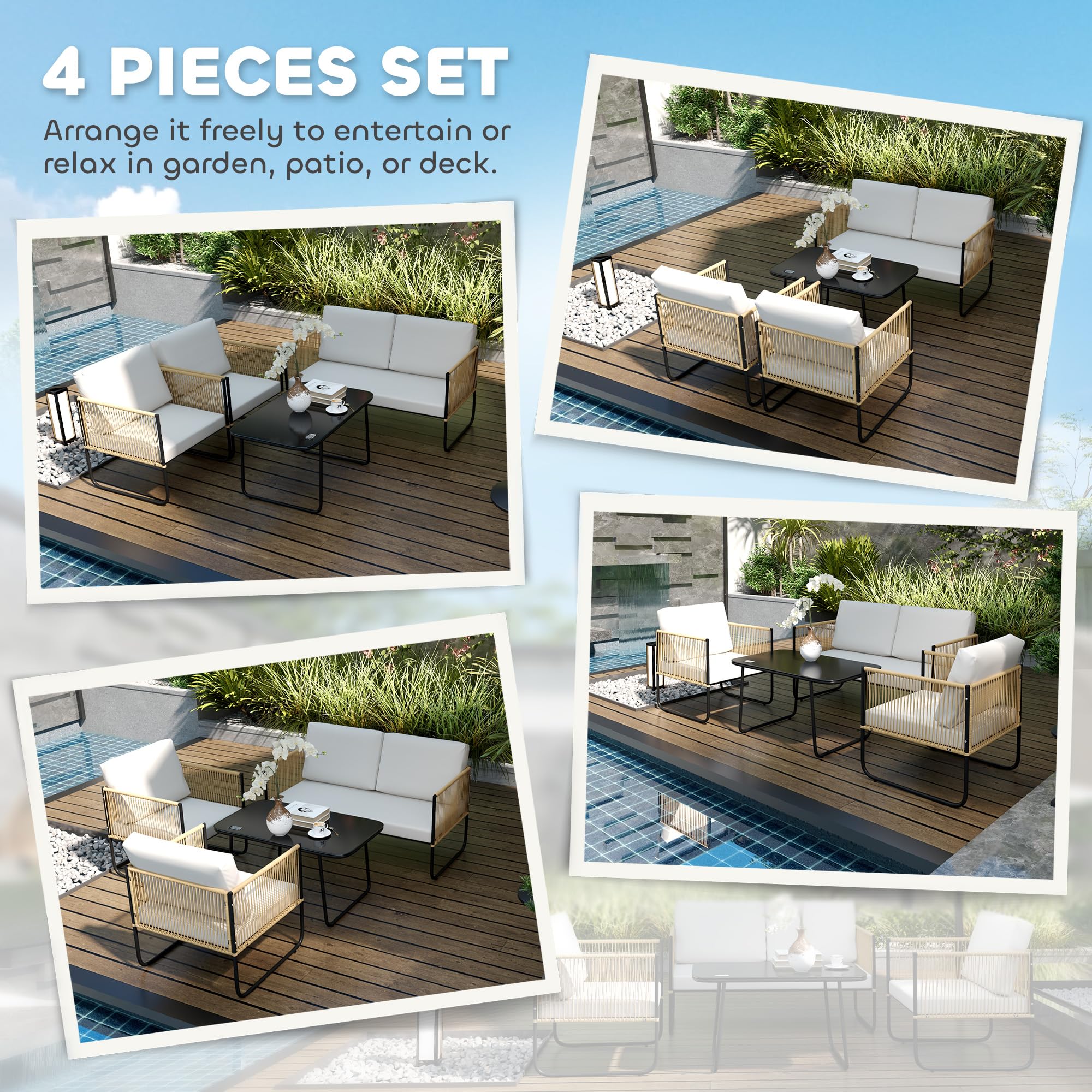 Outsunny Salón de Jardín de Mimbre Resina 4 Personas Crema | Conjunto de balcón: sofá de 2 plazas, sillones, mesa de vidrio, cojines extraíbles