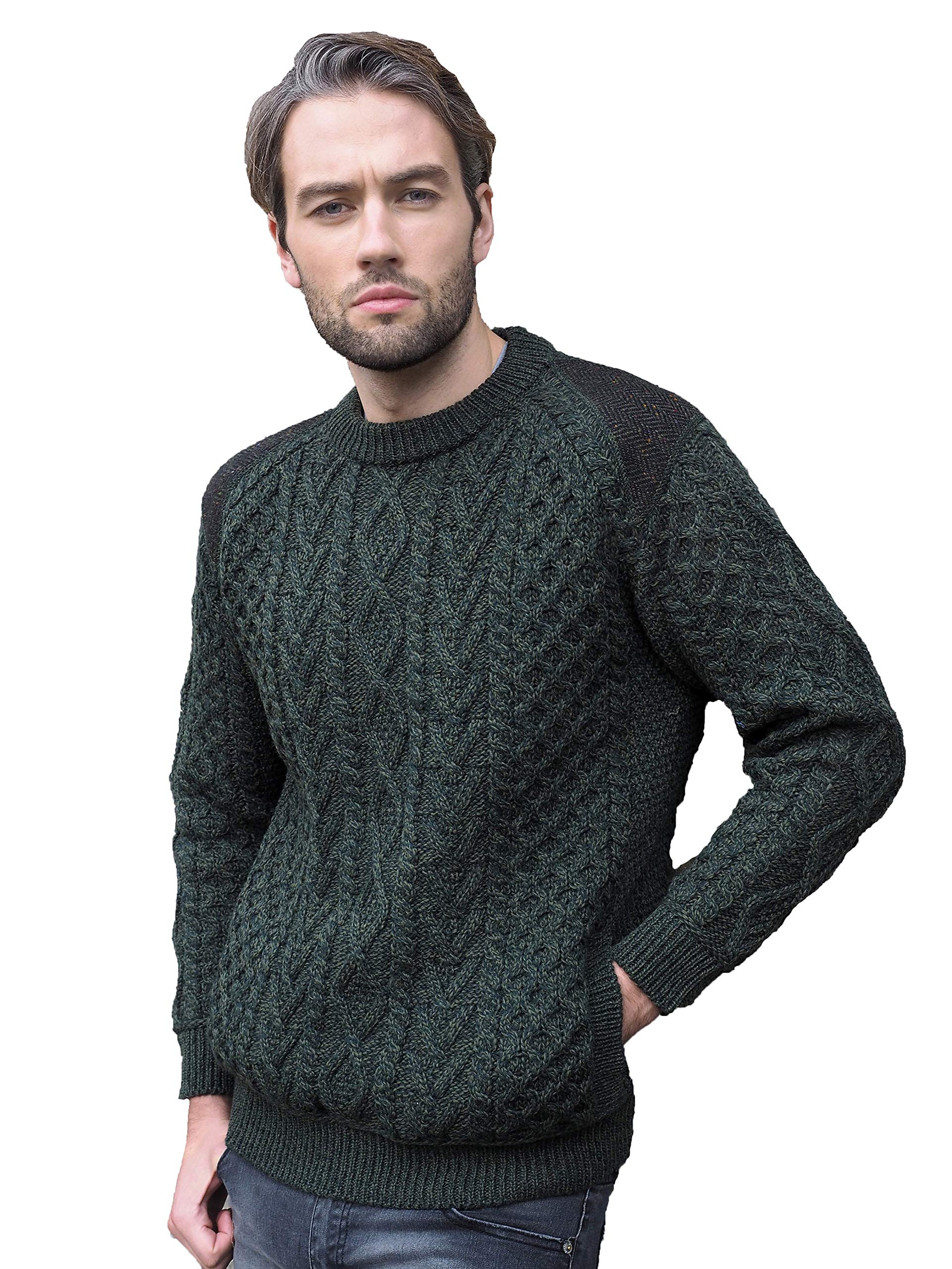 Aran CraftsMen's Irish Cable Knitted Crew Neck with Tweed (100% Merino Wool)