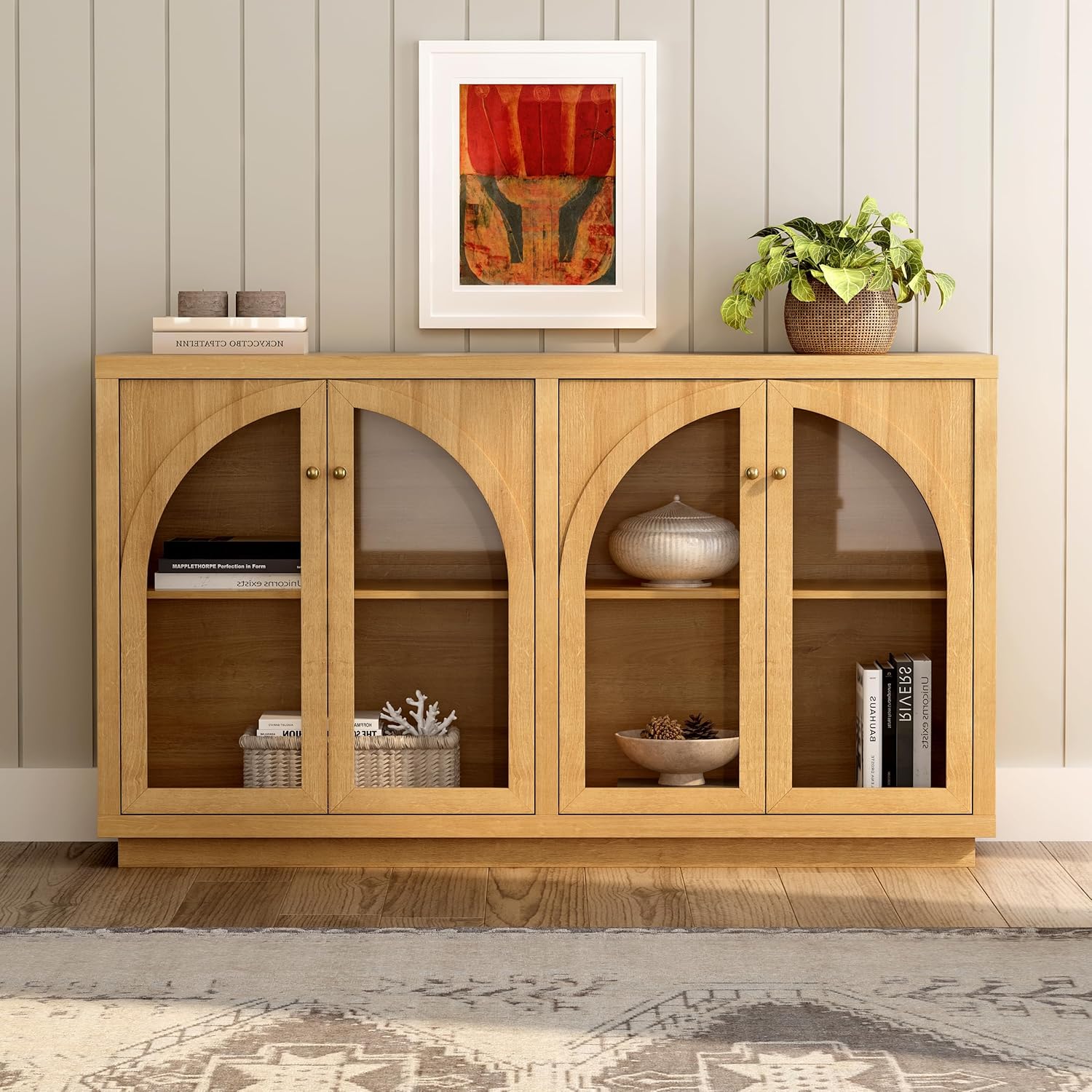 Modern Storage Cabinet with 4 Doors Set of 2, Modern Accent Sideboard Buffet with Adjustable Shelves Acrylic Door, Boho Display Cabinet Console Table Bar Credenza for Living Room Natural Oak 2 PCS