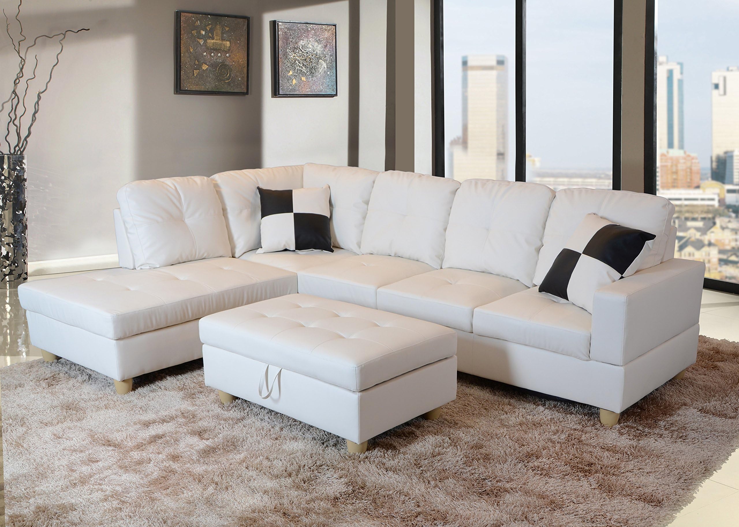 Delco White Faux Leather Right-facing Sectional Sofa Set with Free Storage Ottoman