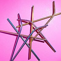 Vista 6 de GForce Rainbow - Juego de 10 unidades de acero inoxidable reutilizables y ecológicas, incluye 4 popotes rectos, 4 popotes en ángulo, 2 cepillos