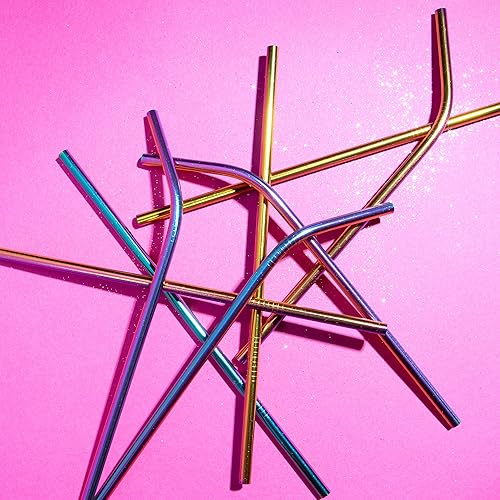 Miniatura 6 de GForce Rainbow - Juego de 10 unidades de acero inoxidable reutilizables y ecológicas, incluye 4 popotes rectos, 4 popotes en ángulo, 2 cepillos de