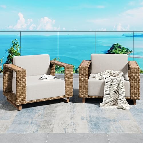 2 Pieces Patio Furniture Set,Outdoor Rattan Wicker Armchairs with 10''Ultra-Thick Cushions,All Weather Patio Conversation Set for Lawn Garden Backyard,Beige