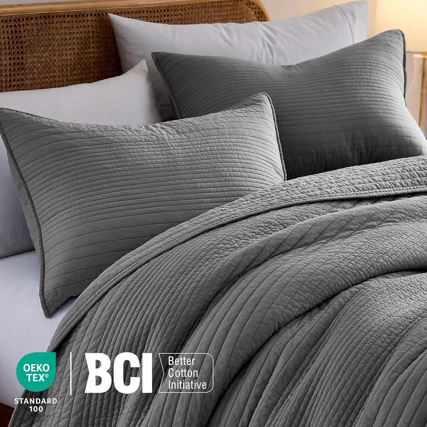Condition photo showing New/Like New for palassio striped dark grey 100% cotton quilt king size bedding sets, lightweight crinkly channel pick stitch textured bedspread soft shabby chic farmhouse country coverlet for all season, 2 shams striped-dark grey king