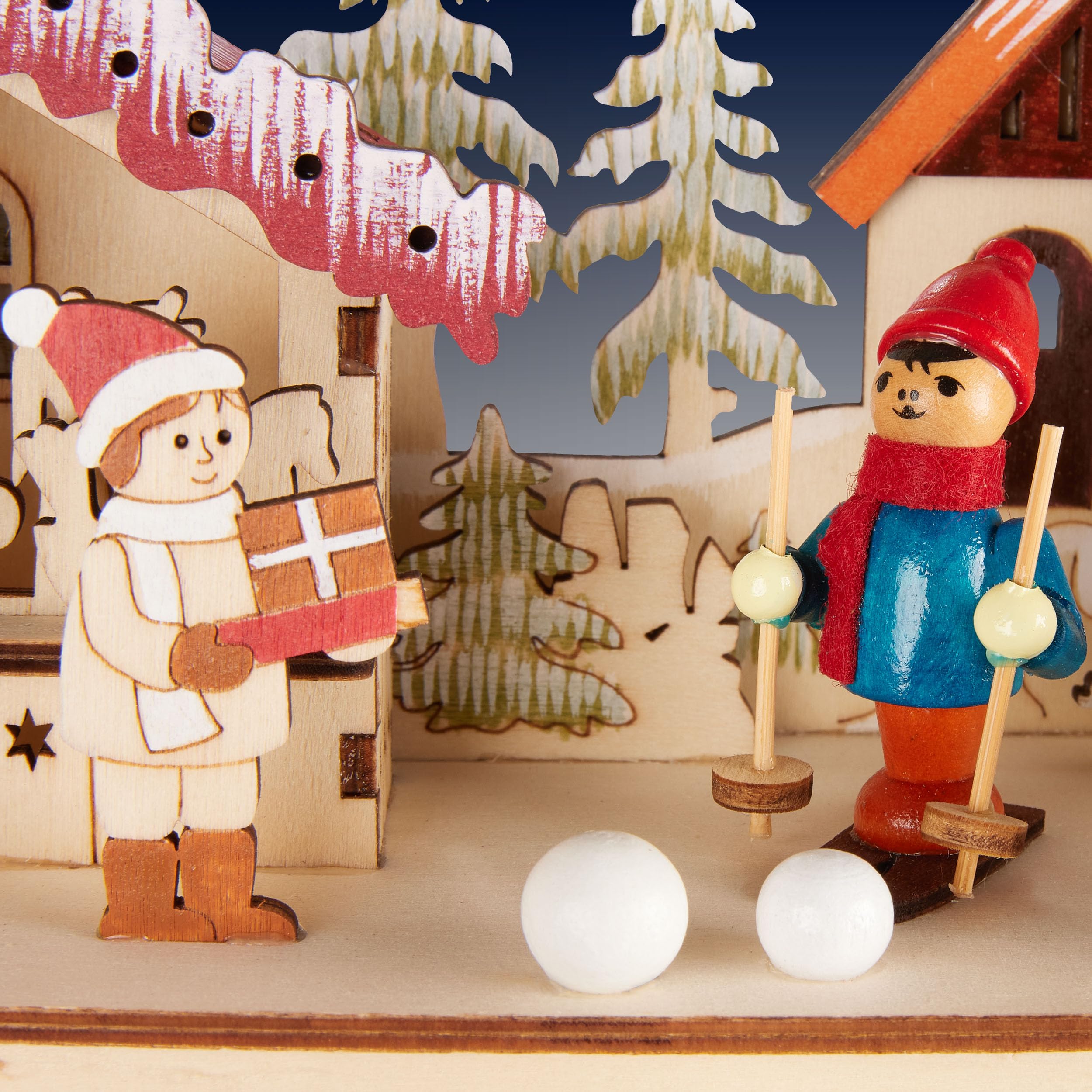 BRUBAKER Adventskalender zum Befüllen - Weihnachtsdorf 2026 | Holz Weihnachtskalender mit LED Beleuchtung - Dorf mit Kindern, Bäckerei, Hund & Wald - 40 cm Kalender mit Bogen - Beleuchtet