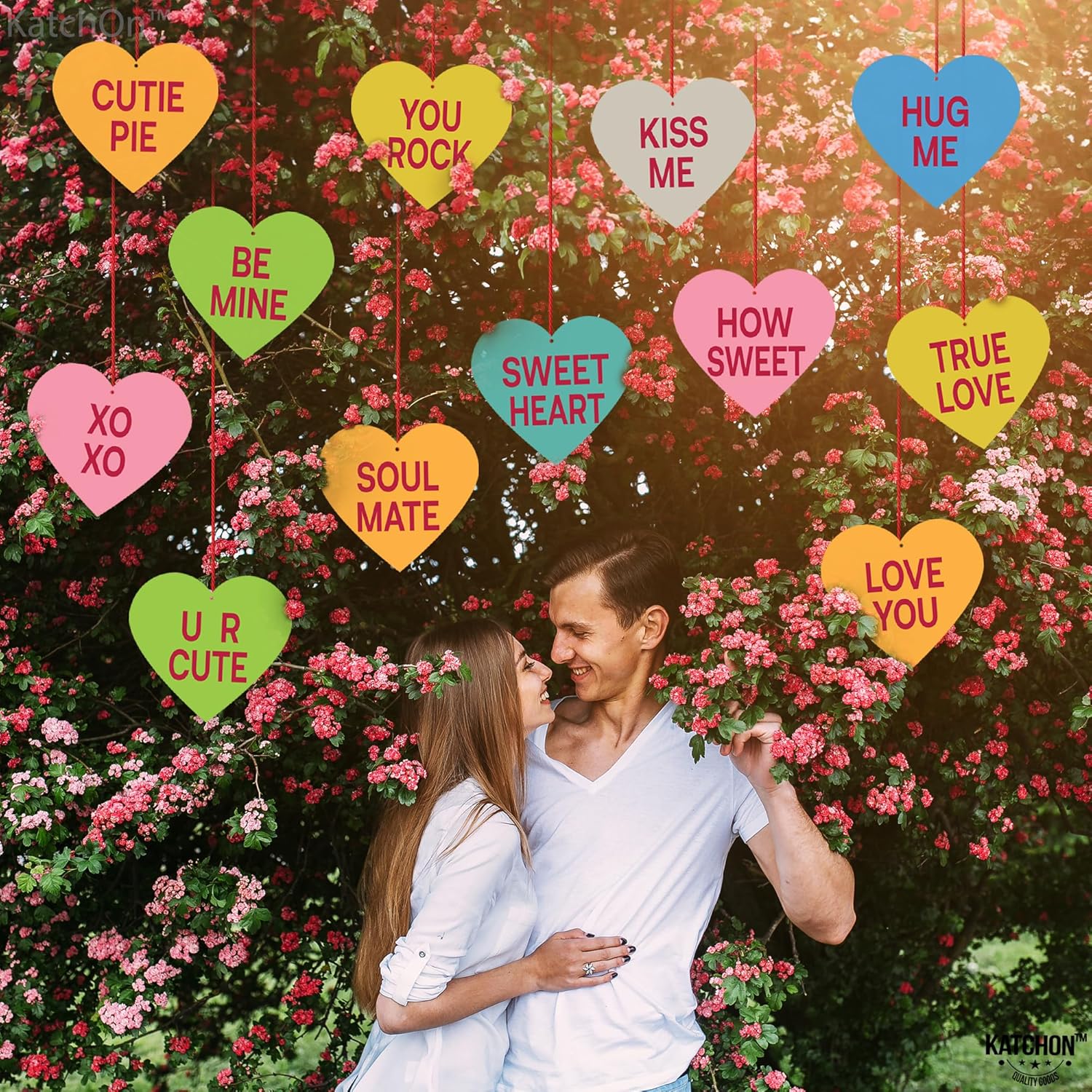 KatchOn, Valentines Day Conversation Hearts Decorations - Huge, Pack of 69 | Be Mine Heart Balloons 18 Inch, Pastel Crepe Paper Streamers for Valentines Decorations | Valentines Day Decorations