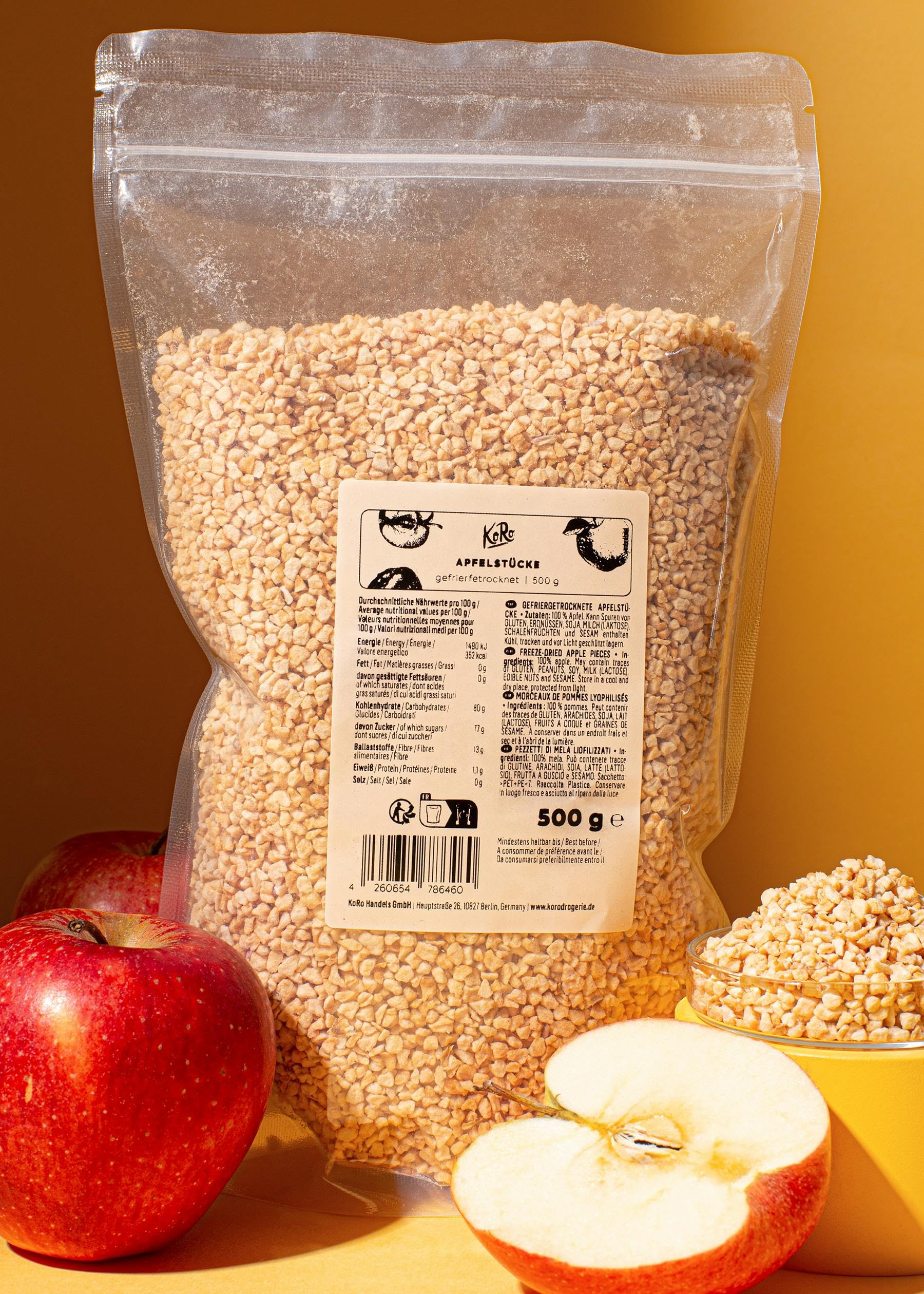 KoRo - Mela liofilizzata a pezzetti 500 g - 100% mela - snack naturale - croccante e dolce - nel porridge, sullo yogurt e in dolci