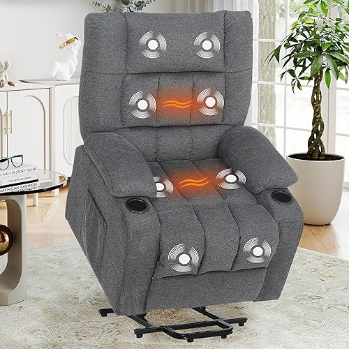 Power Lift Recliner Chair with Lumbar Heating and Vibrating Massage for Elderly, Electric Lift Chair with 2 Cup Holders,Side Pocket for Living Room (Grey)