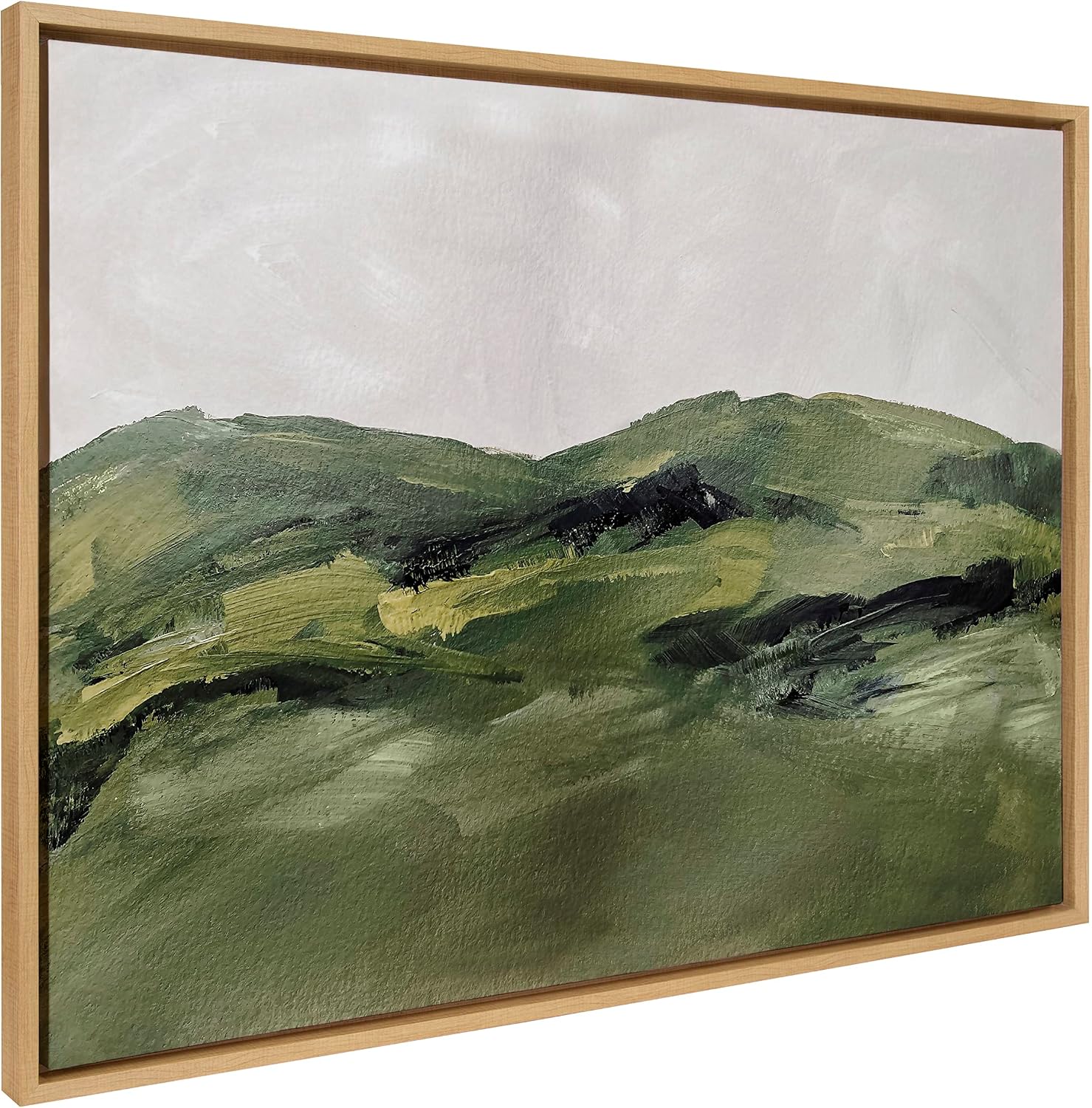 Kate and Laurel Sylvie Green Mountain Landscape Framed Canvas Wall Art by Amy Lighthall; 18x40 Natural; Modern Soft Watercolor Nature Landscape Art for Wall Home Decor