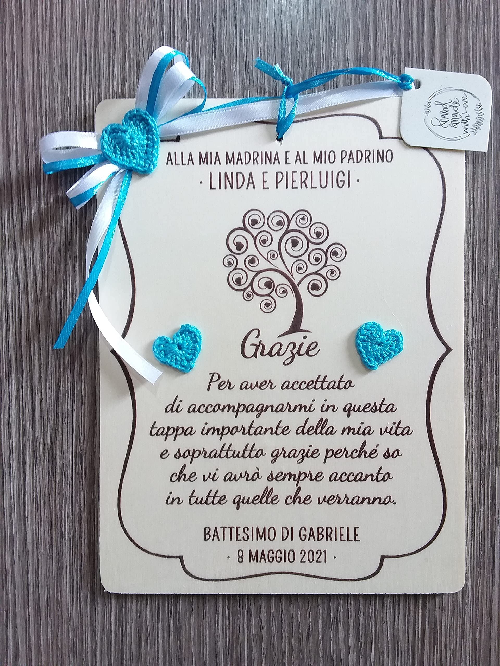 Crociedelizie, targa targhetta tavoletta ricordo ricordino per madrina padrino battesimo cresima idea regalo ringraziamento personalizzata nome e data completa di scatola regalo in omaggio