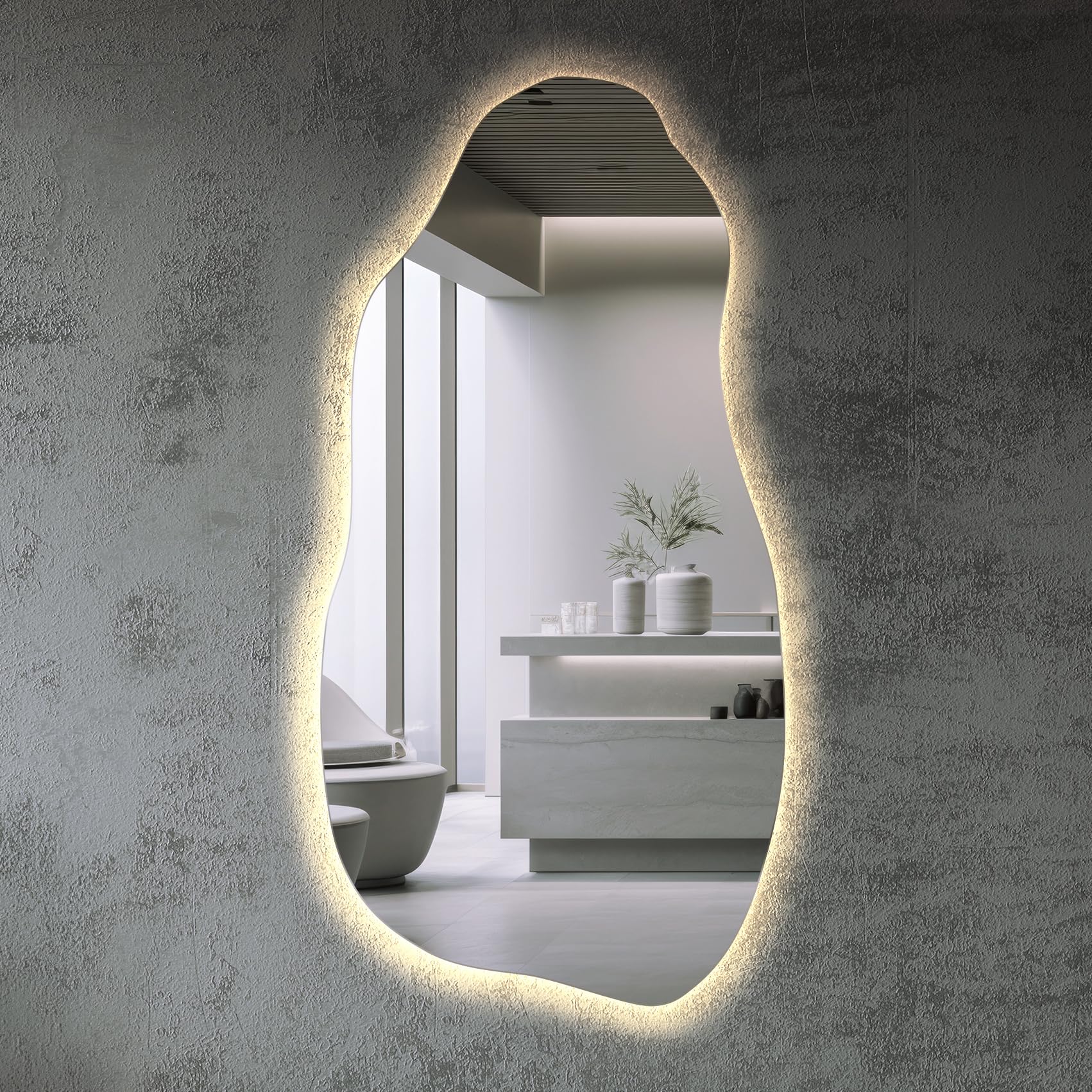 Tulup Specchio LED 50x100 cm Grande Moderno Irregolare Organico Asimmetrico Macchia per Bagno Soggiorno Verticale con illuminazione Luce neutra