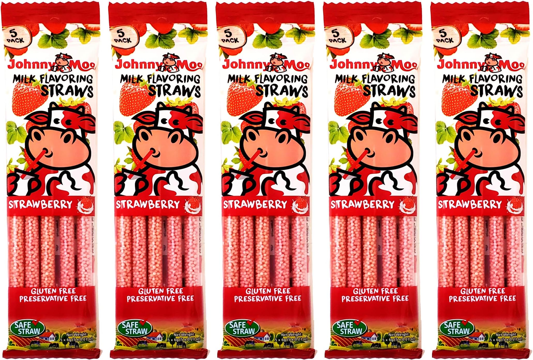 Johnny Moo Delicious Quick Milk Flavoring Straws - Strawberry [5 Packs of 5]