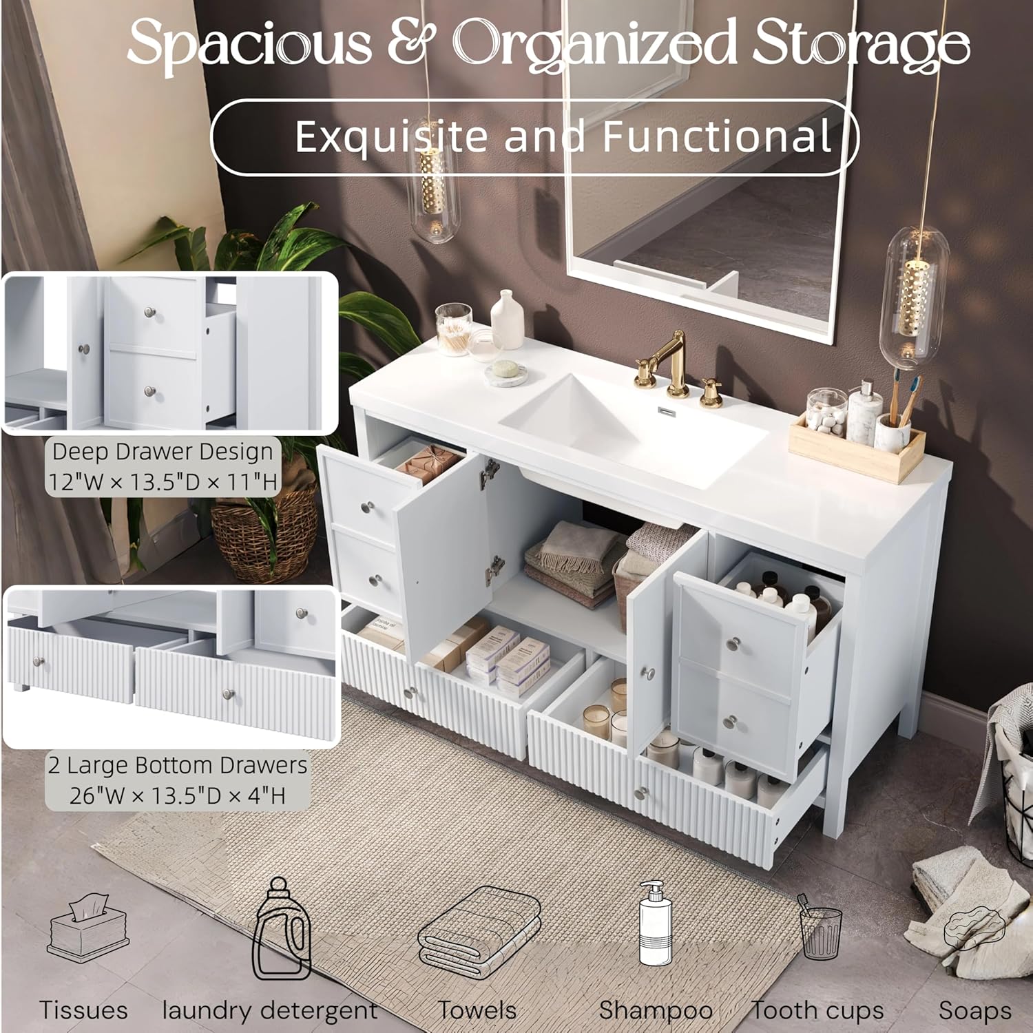 60 Inch White Bathroom Vanity with Single Sink,Large Bathroom Vanity with Spacious Countertop & Deep SMC Sink,with 4 Drawers & 2 Soft Closing Doors,Silver Knobs,Slated Front,8 in Faucet Hole