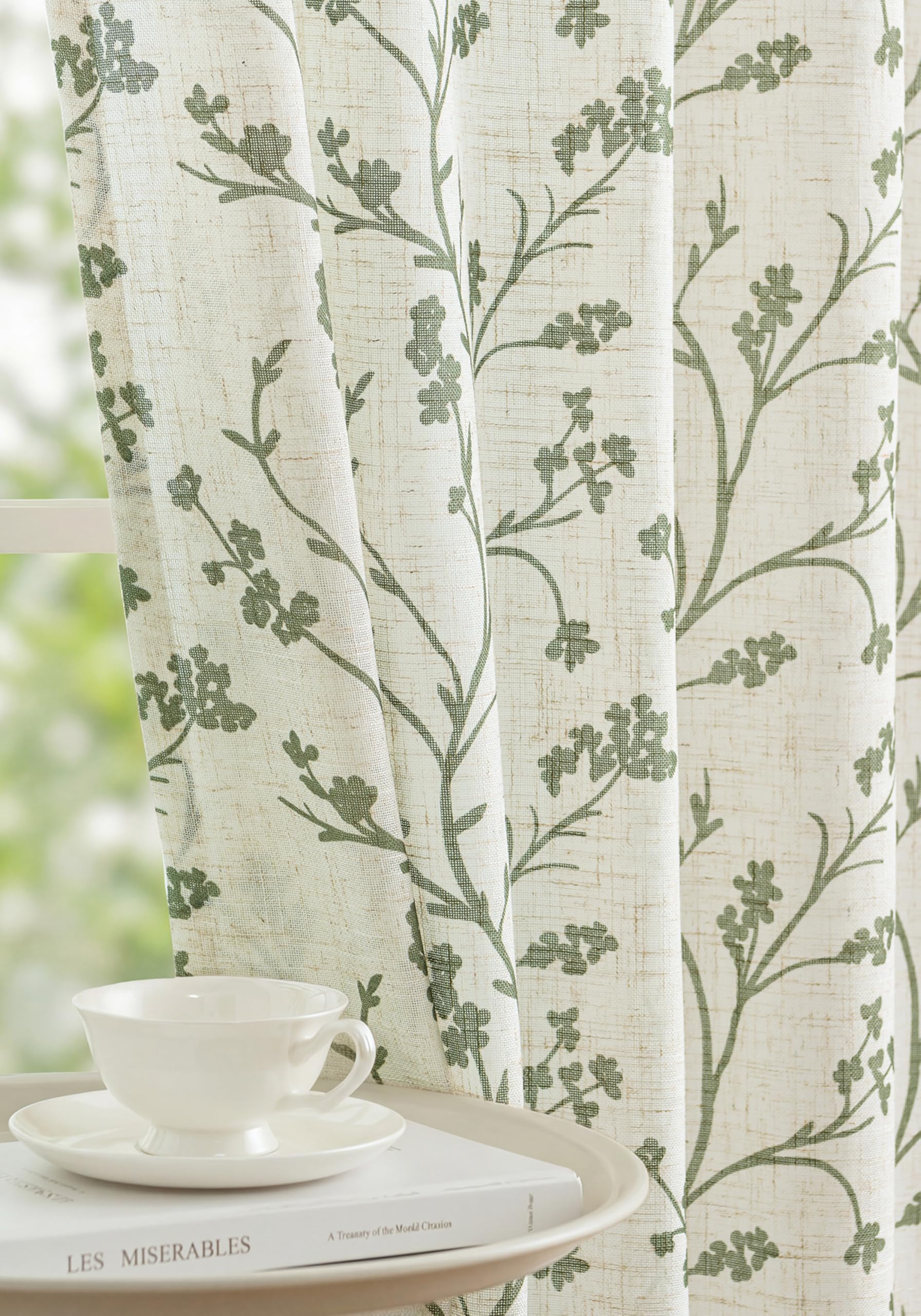 THREE GIRLS Green Floral Linen Curtains Vintage Farmhouse,90 Inches,Light Filtering Block Print Curtains,Sheer Patterned Drapes,Rod Pocket Cottage Window for Living Room Bedroom Dining Room,2 Panels