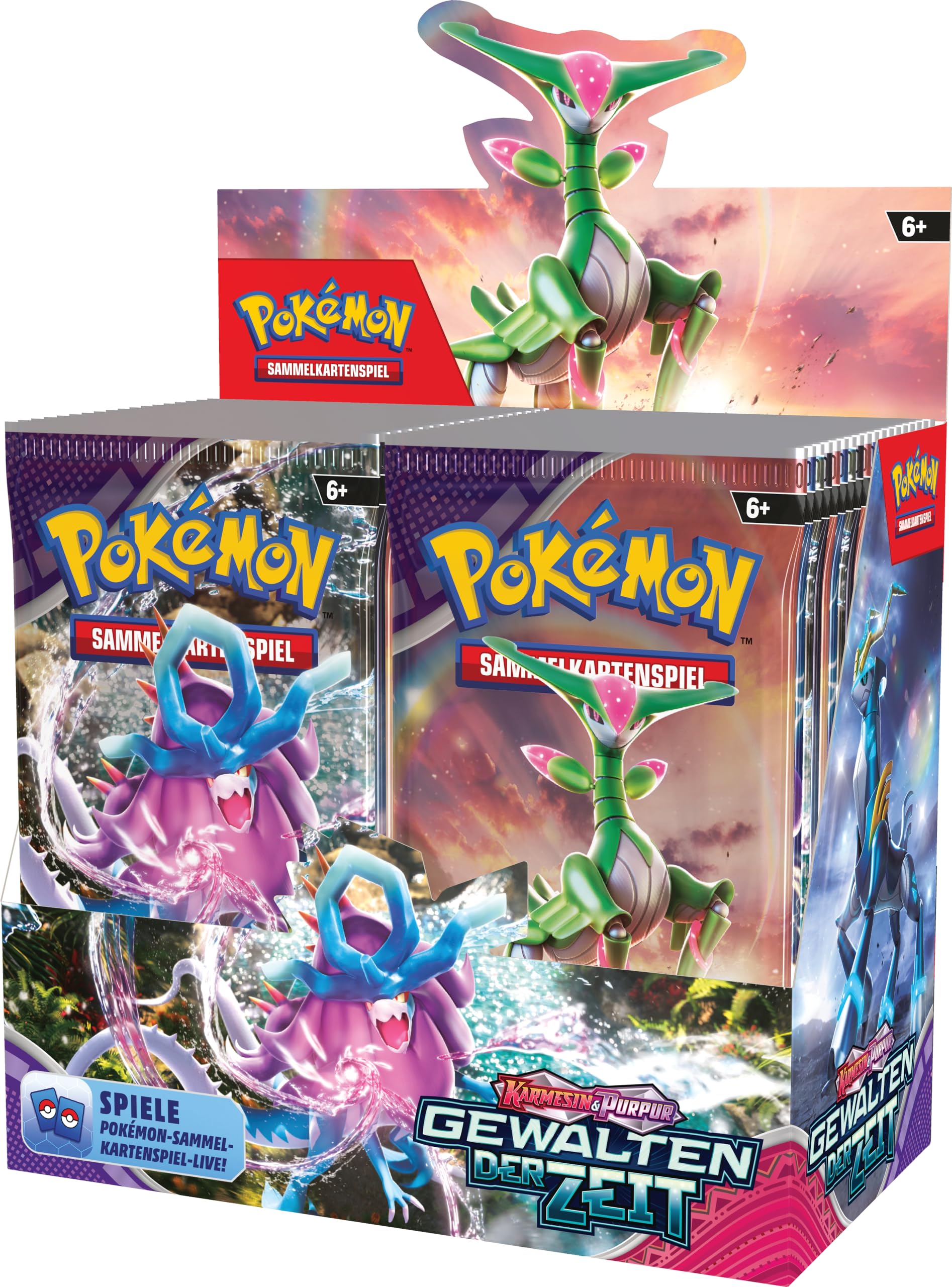 Pokémon-Sammelkartenspiel: Boosterpack-Display-Box Karmesin & Purpur – Gewalten der Zeit (36 Boosterpacks)