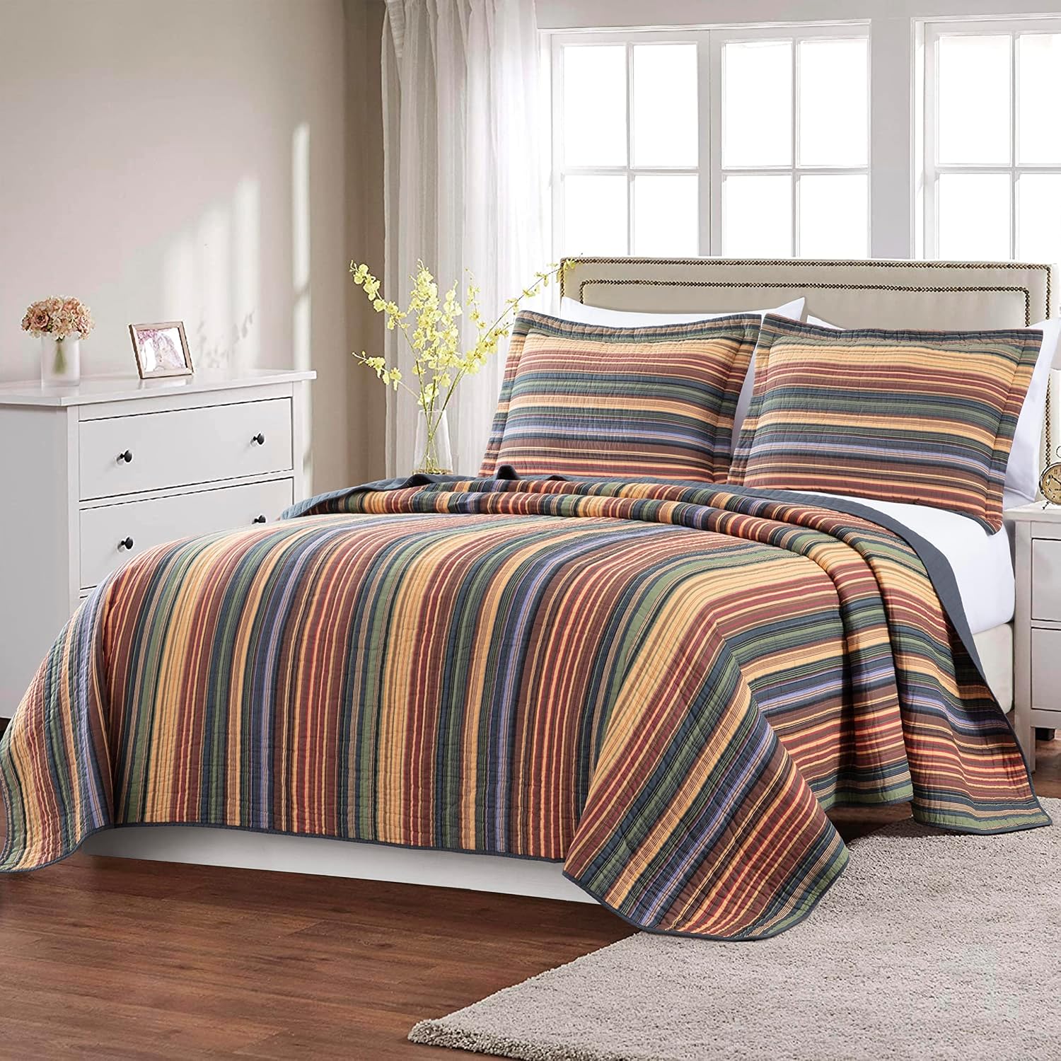 Chezmoi Collection Avery 2-Piece Multi-Color Striped 100% Washed Cotton Quilt Set Twin Size