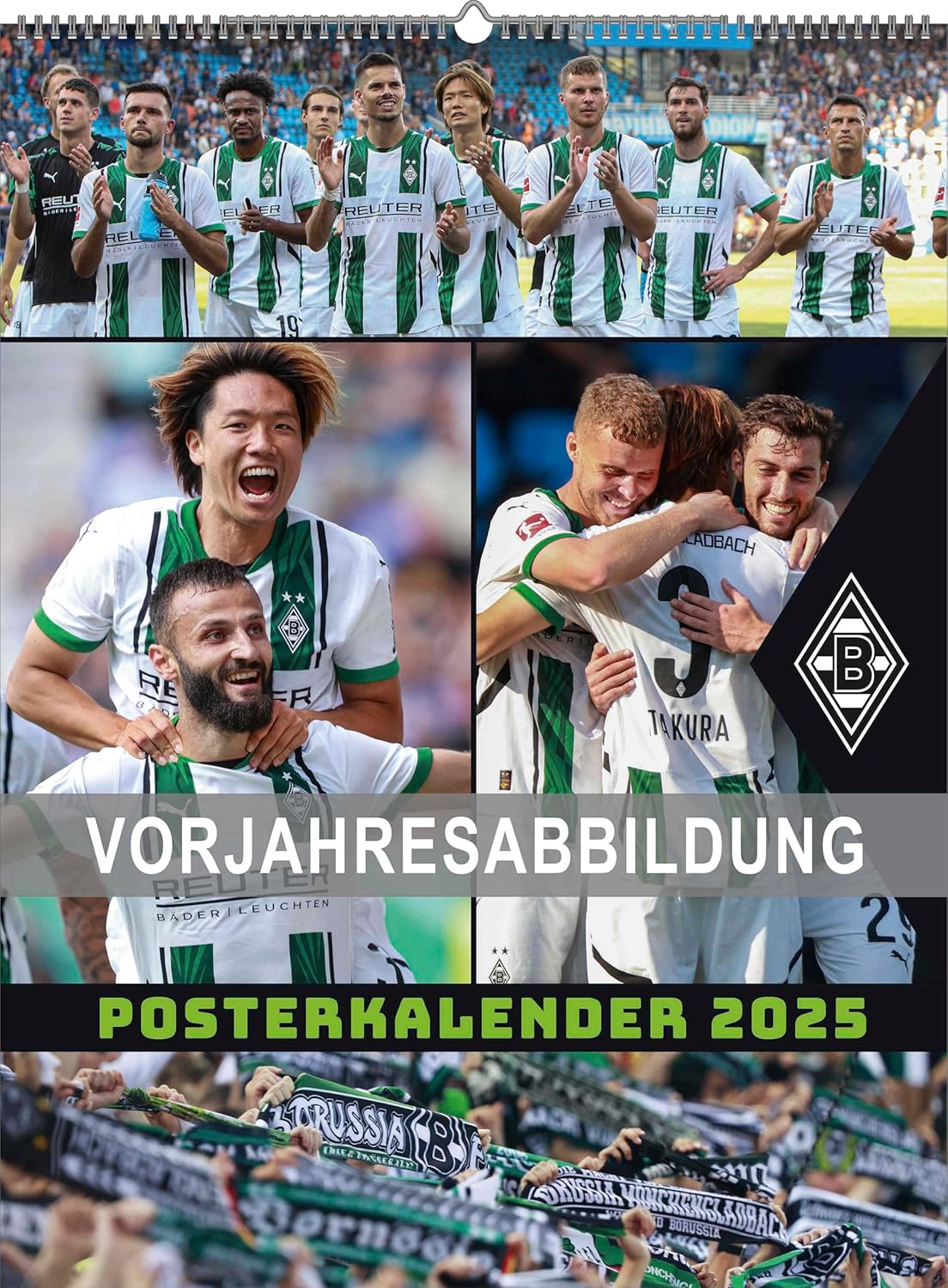 N NEUMANNVERLAGE - Borussia Mönchengladbach 2025 Poster Calendar, 48 x 64 cm, Football Calendar with Stars Motifs, Fan Calendar with Football Highlights, Spiral Bound and International Calendar