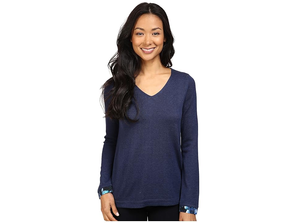 

NYDJ Petite Petite Mixed Media V-Neck Sweater (Hardy Violets) Women's Sweater, Navy