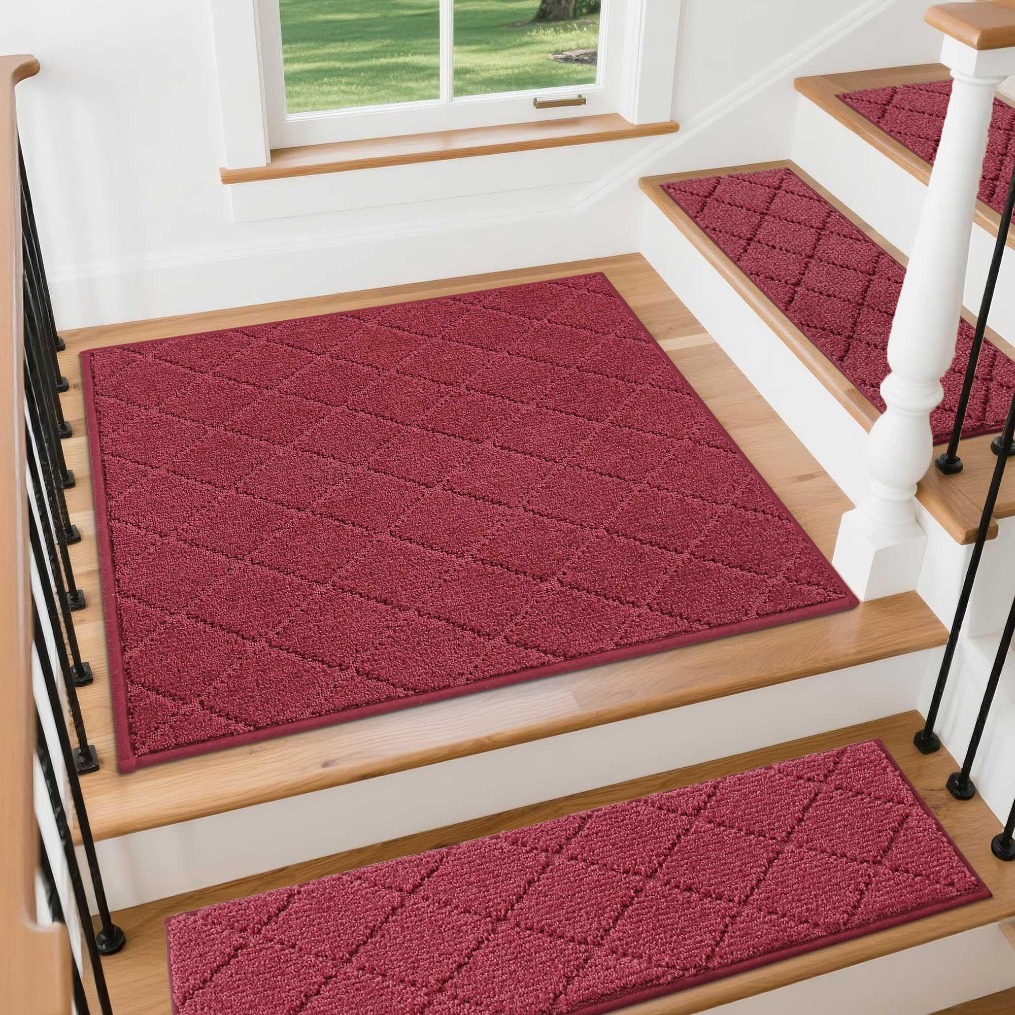 COSY HOMEER Stair Landing Rugs Non-Slip Corner Indoor 30"x30" | Edging Stair Treads for Wooden Steps,Washable Soft Stair Landing Mat for Kids,Elders,Dogs,Polyester,TPE Backing,Red