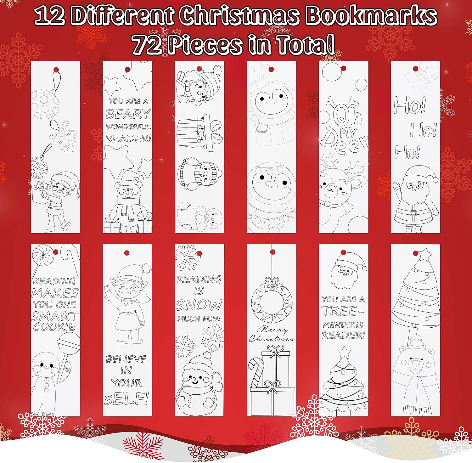 Haooryx 75Pcs Christmas DIY Bookmarks for Kids Reindeer Father Christmas Coloring Bookmark Set Party Game Prize Supplies Christmas Gift Bag Fillers Classroom Rewards Art Craft Wall Hanging Decoration - Image 3