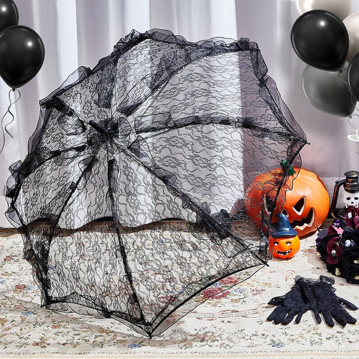 Lace Parasol Umbrella and Lace Gloves Set Wedding Bridal Umbrella for Decoration Tea Party Costume 31.5 Inch Adult Size