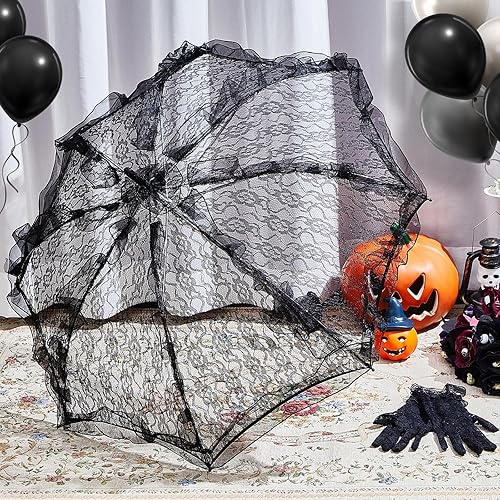 Miniatura 4 de Amylove Paraguas de encaje de Halloween sombrilla de boda paraguas guantes de encaje conjunto boda nupcial