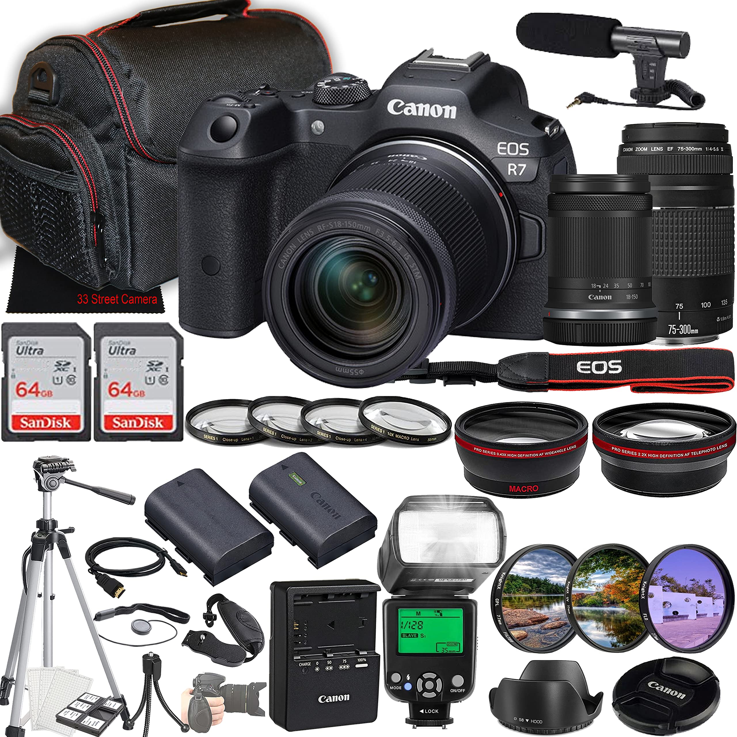 Canon EOS R7 Mirrorless Camera w/RF-S 18-150mm f/3.5-6.3 is STM Lens + EF 75-300mm f/4-5.6 III Lens + 2X 64GB Memory + Microphone + Filters + TTL Flash + More (35pc Bundle)