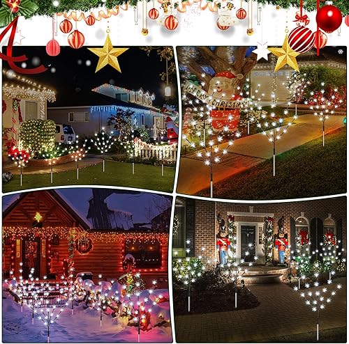 Miniatura 7 de Meonum Paquete de 6 luces solares de copo de nieve para camino, 8 modos, 120 LED, estacas solares de Navidad para patio, exteriores, impermeables,