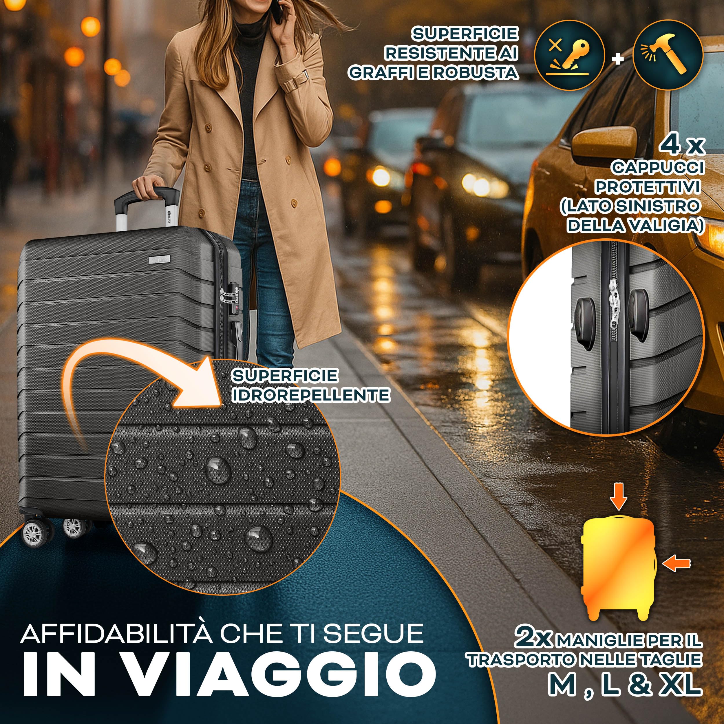 tillvex® Set 4 valigie rigide S-M-L-XL + bilancia, 4 cinghie e 4 etichette bagagli | Valigia da viaggio leggera con 4 ruote piroettanti | Guscio rigido in ABS con lucchetto TSA (Grigio/Antracite)