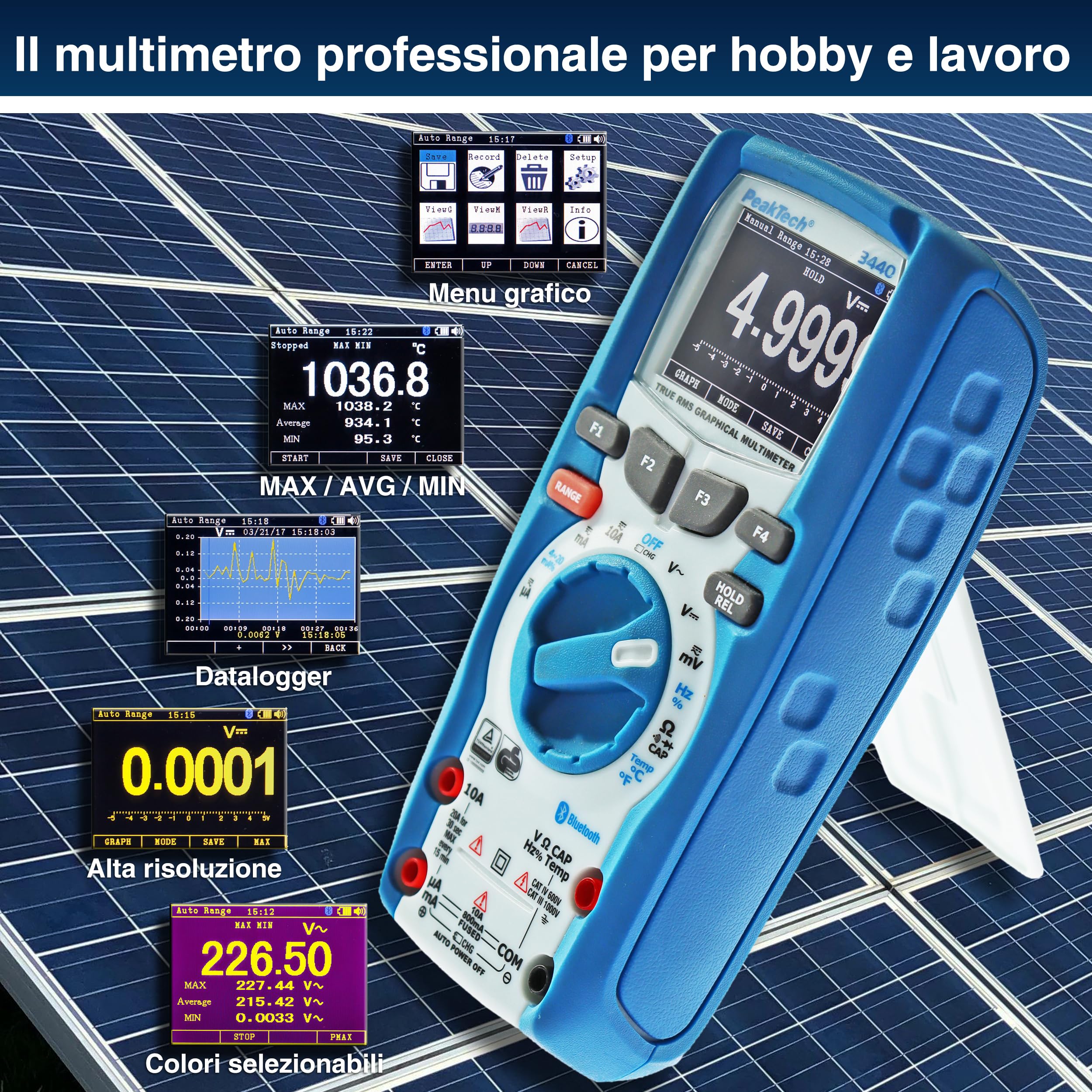 Peaktech 3440 – Multimetro Digitale True Rms con Bluetooth 4 e Display Grafico, 50.000 Conteggi, Tüv/Gs, Autorange, Voltmetro, Tester di Continuità - Cat Iii 1000V