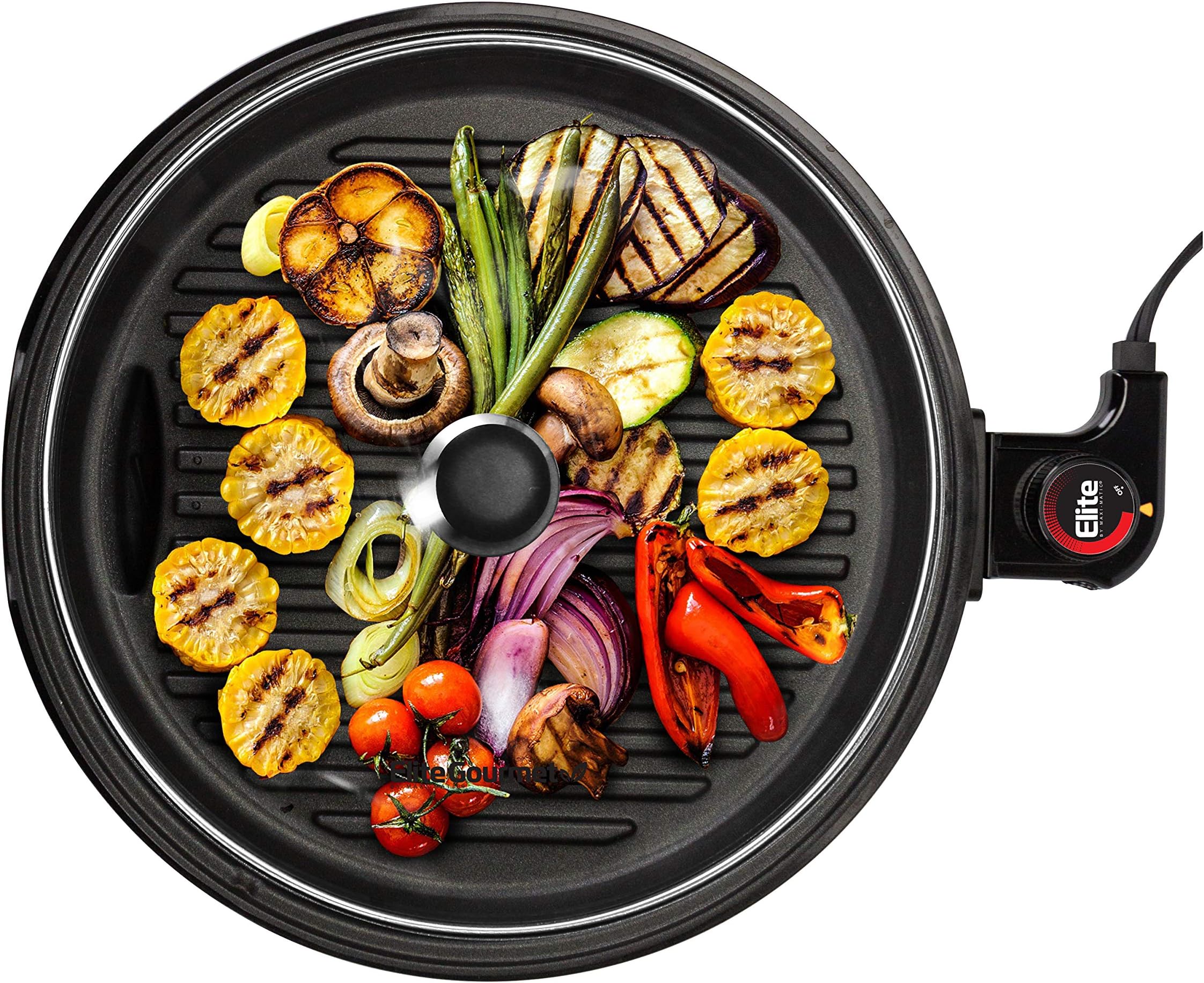 Elite Gourmet EMG6505G 12" Smokeless Indoor Electric BBQ Grill with Glass Lid Dishwasher Safe, Nonstick, Adjustable Temperature, Fast Heat Up, Low-Fat Meals Easy to Clean Design