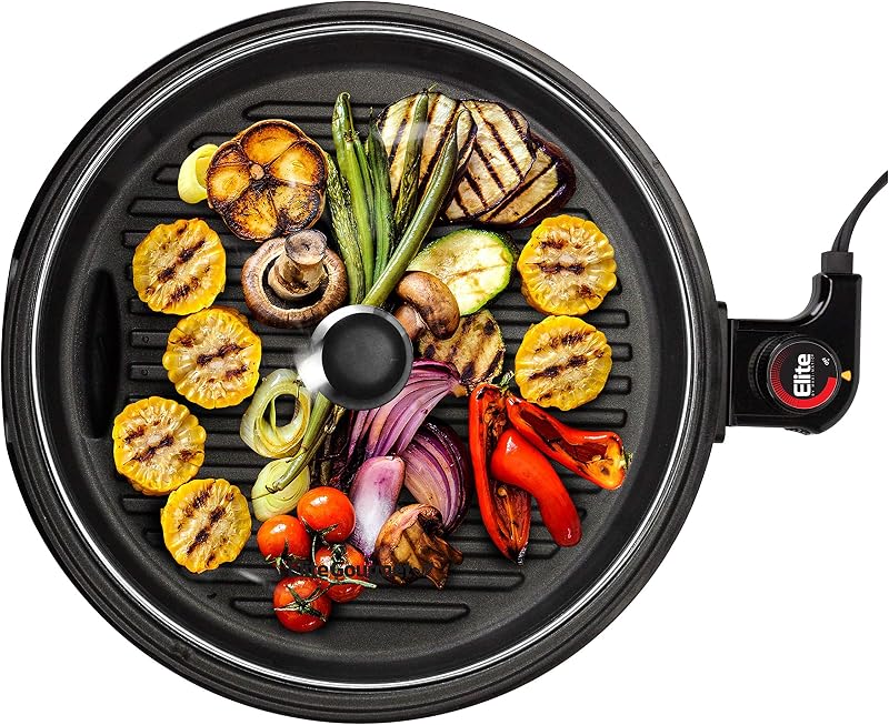 Elite Gourmet EMG6505G Indoor Electric BBQ Grill, Non-Stick, 12" | Dishwasher-Safe with Glass Lid, Adjustable Temperature, Fast Heat-Up, Great for Low-Fat Meals, Easy to Clean