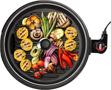 Elite Gourmet EMG6505G Indoor Electric BBQ Grill, Non-Stick, 12" | Dishwasher-Safe with Glass Lid, Adjustable Temperature, Fast Heat-Up, Great for Low-Fat Meals, Easy to Clean