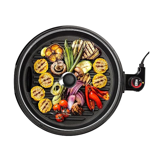 Elite Gourmet EMG1100 Electric Indoor Nonstick Grill, Dishwasher Safe, Cool Touch, Fast Heat Up Ideal Low-Fat Meals, Includes Tempered Glass Lid, 11", Black