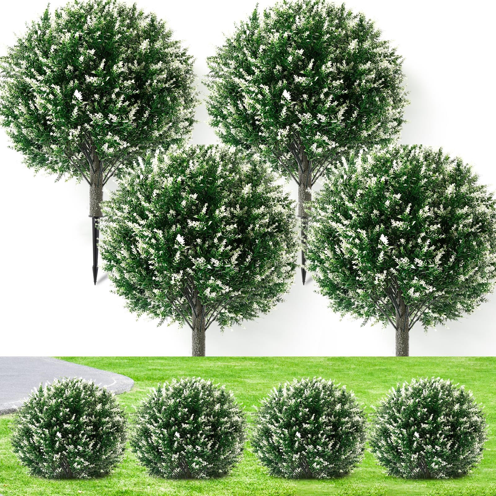 Photo 1 of Lunmon Artificial Topiary Ball Trees Outdoor Set of 4, 24 Inch Faux Flower Topiary Bushes Plants with Ground Spikes, UV Resistant Artificial Shrubs for Porch Patio Garden Decor(Lavender,White)