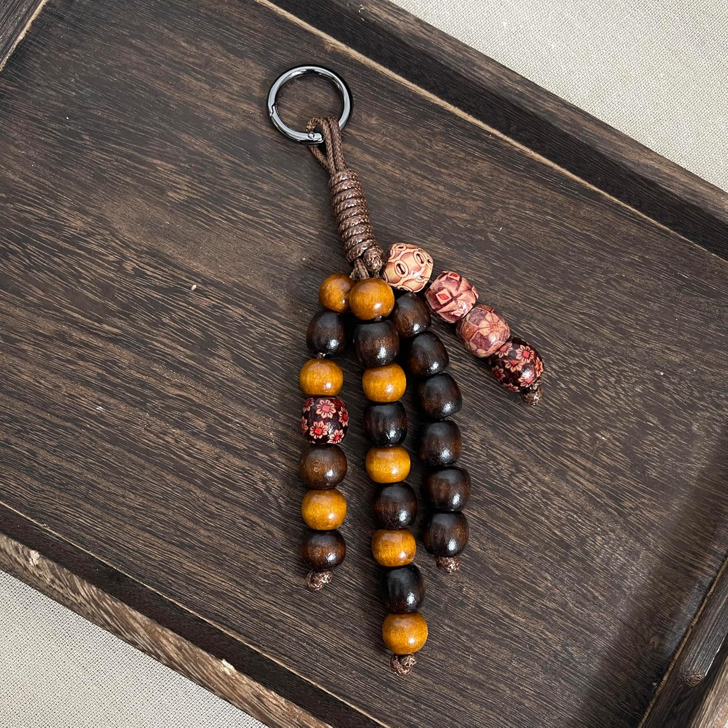 Handcrafted Artistic Patterned Wooden Beaded Keychain, Modern Bohemian Tassel Purse Charm, Delicate Artisan-Made Bag Ornament for Tote Bag - Image 2
