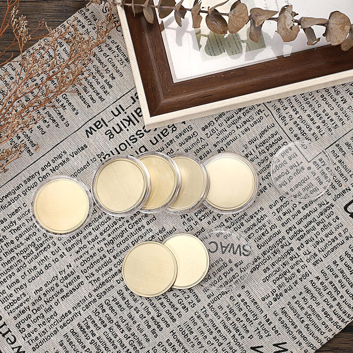 OwnMy 60PCS Blank Challenge Coins for Laser Engraving, 1.6 Inch Engraving Blank Brass Coins Metal Stamping Coins with Acrylic Protection Boxes, Custom Blank Challenge Coins Collections for DIY Crafts