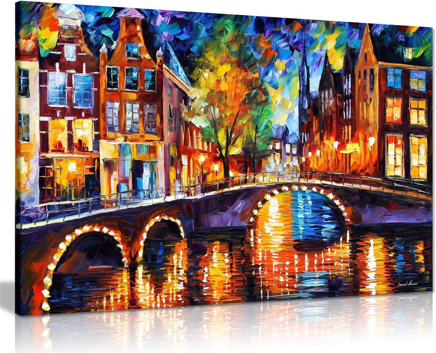 The Bridges of Amsterdam by Leonid Afremov Canvas Wall Art Picture Print for Home Decor (24x16)